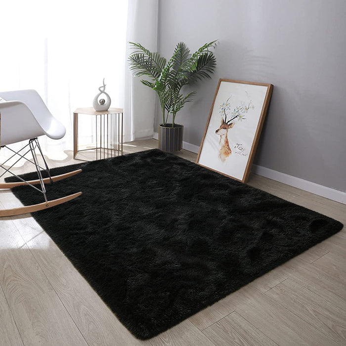 Super Soft Shaggy Rugs Fluffy Carpets, Black Area Rug for Living Room Bedroom Girls Kids Room Nursery Home Decor, Non-Slip Plush Indoor Floor Bedside Rug, 5 Ft X 8 Ft, Black