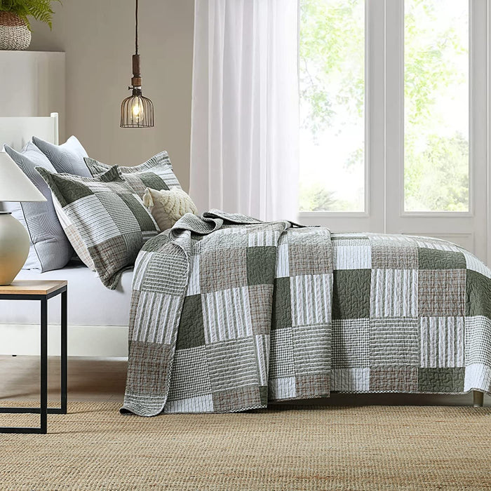 100% Cotton Quilt Set Queen Size, Patchwork Plaid Queen Quilt Bedding Set Bedspreads, Farmhouse Lightweight Comforter Reversible Quilt, Green/Moonbeam Bed Spread for Queen Bed, 3 Pieces