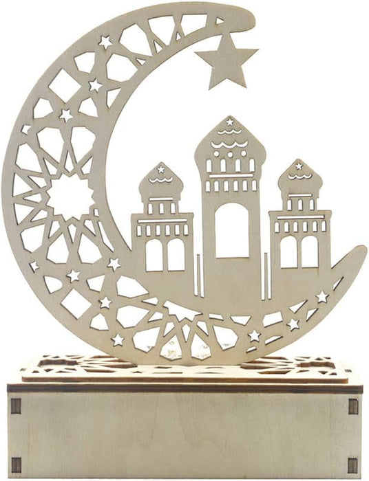 Eid Crafts Night Light Ramadan Mubarak Lamp Decorations Wooden Moon Star LED Lights Home Party Bedroom Ornaments Gift for Muslims Islamic Table Decor (C1)