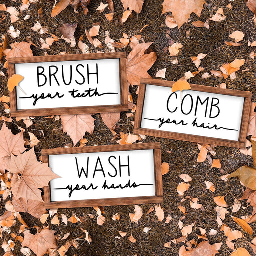 Bathroom Sign & Plaque (Set of 3) Wash Your Hands Brush Your Teeth Comb Your Hair Decorative Rustic Wood Farmhouse Bathroom Wall Decor (White)