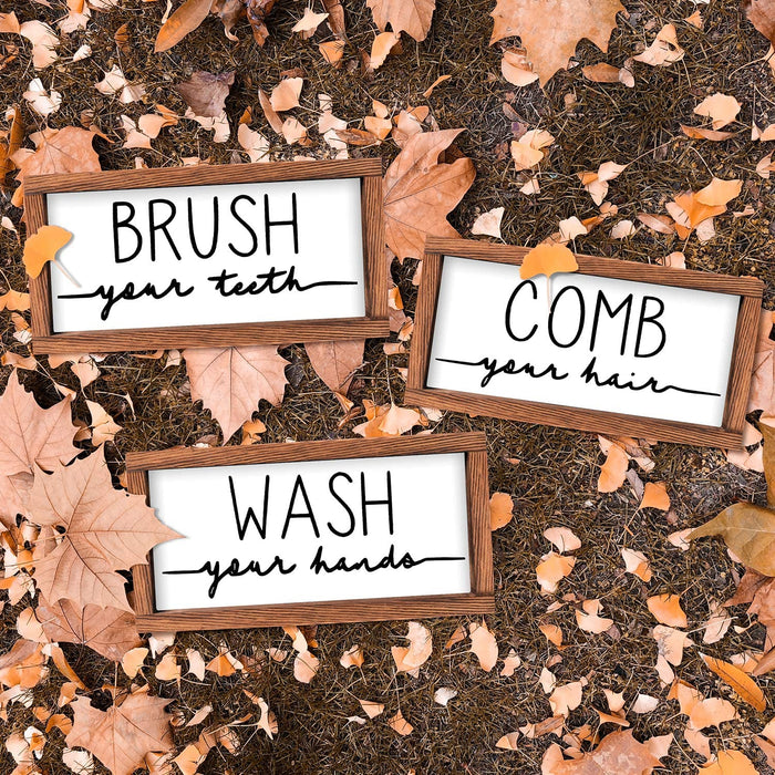 Bathroom Sign & Plaque (Set of 3) Wash Your Hands Brush Your Teeth Comb Your Hair Decorative Rustic Wood Farmhouse Bathroom Wall Decor (White)