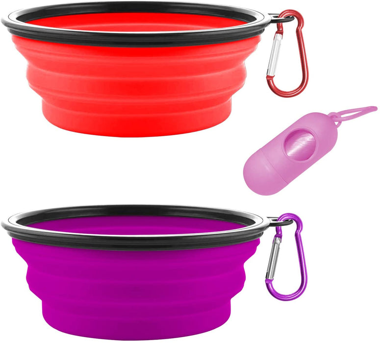 Collapsible Dog Bowls, Portable Travel Dog Bowls, Expandable for Cat Dog Water Bowls Food Feeding, 2 Pack Silicone Pet Bowls with Waste Bag Dispenser