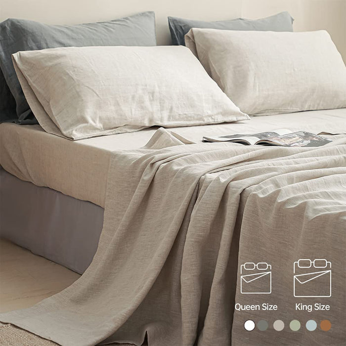 Simple&Opulence 100% Linen Sheet Set Solid Color-4 Pcs Washed French Linen Bed Sheets(1 Flat Sheet,1 Fitted Sheet,2 Pillowcases)-Breathable Bedding Set (Linen, Queen)
