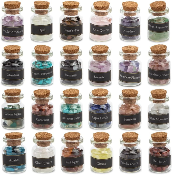 Witchcraft Crystals, 24 Bottles Witch Crystals Chakra Healing Stones Gemstones Chips Bulk Tumbled Gem for Home Decor Meditation Therapy Craft Supplies