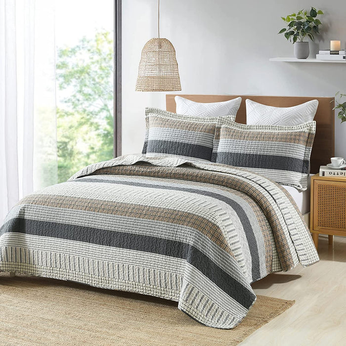 Quilt Queen Size, Queen Quilt Set, Cotton Quilt, Grey Striped Queen Quilt Bedding Set Bedspreads, Reversible Lightweight Quilt Bedspread Set for All Season, 3-Piece
