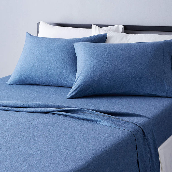 Cotton Jersey Bed Sheet Set - 4 Pieces, Queen, Chambray Blue