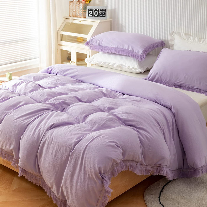 3Pcs Fringe Lavender Purple Tassel Comforter Set Queen Boho Bohemian Cute Soft Tufted Microfiber Bedding Sets Modern Style for Men and Women (1Comforter + 2 Pillowcases)