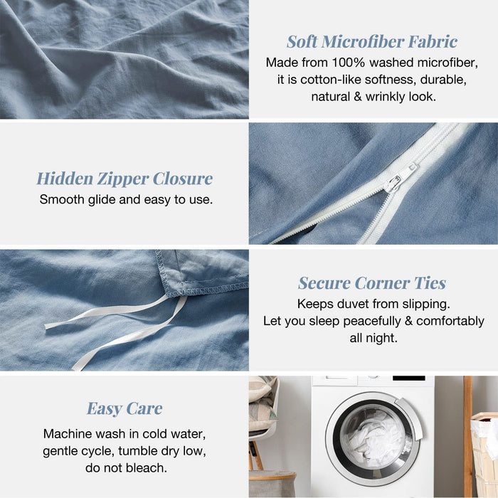 Duvet Cover Queen Size - Super Soft Haze Blue Duvet Cover Set 3 Piece 100% Washed Microfiber Bedding Set with Zipper Closure, 1 Duvet Cover 90X90 Inches and 2 Pillow Shams