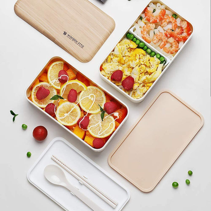 Bento Box 2 Tiers Lunch Box 1200ML Food Container Microwave Dishwasher Safe Bento Lunch Box with Cutlery Set for Adult, Kids and Student (White)