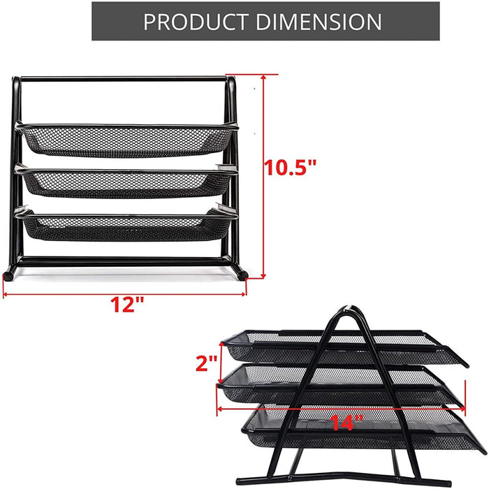 3 Tier Paper Tray Organizer for Desk, Black Stackable File Rack Metal Mesh Letter Trays, Multifunctional Metal Grid Document Holder and Storage for Office Desktop Organization and Accessories