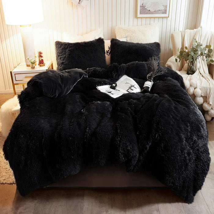 3 Pieces Furry Plush Duvet Cover Set, Black Faux Fur Comforter Cover Set, Luxury Soft Velvet Fuzzy Fluffy Bedding Set, Shaggy Duvet Cover with 2 Pillow Covers, Zipper Closure, Queen Size, Black