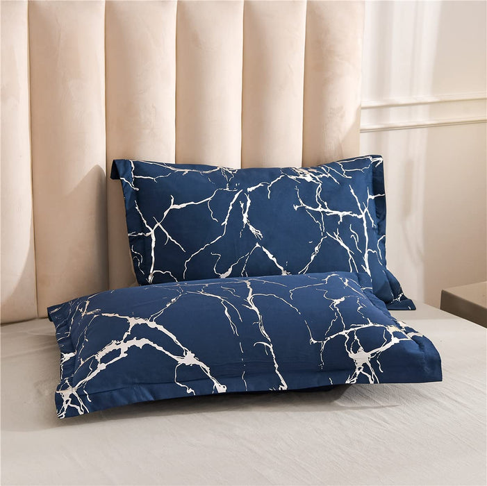 Silver Metallic Marble Comforter Set Queen Size Foil Print Glitter Bedding Set, Navy Blue/Silver