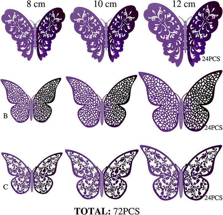 72 Pieces 3D Butterfly Wall Decals Sticker Wall Decal Decor Art Decorations Sticker Set 3 Sizes for Room Home Nursery Classroom Offices Kids Girl Boy Bedroom Bathroom Living Room Decor (Purple)