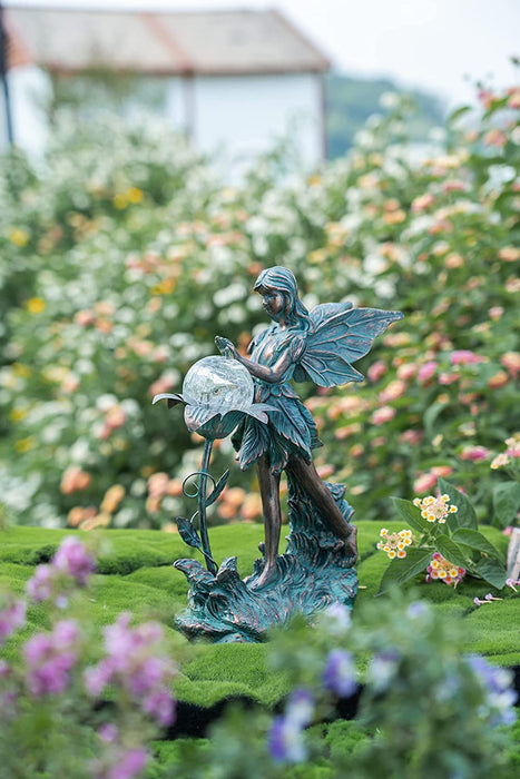 Large Garden Fairy Outdoor Statue, Solar Garden Sculptures & Statues with Crackle Glass Globe, Bronze Patina Garden Art for Lawn Patio Yard Decor 13.2 Inch