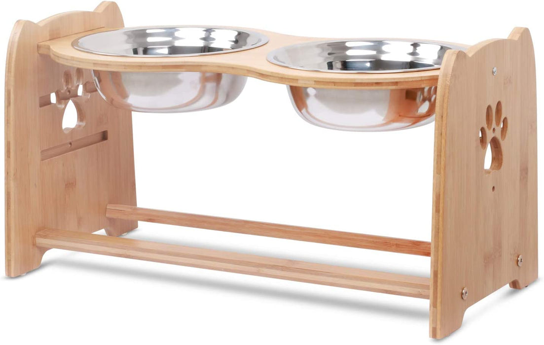 Raised Pet Bowls for Cats and Dogs, Adjustable Bamboo Elevated Dog Cat Food and Water Bowls Stand Feeder with 2 Stainless Steel Bowls and anti Slip Feet (Height 5.1" to 7.5" to 10")