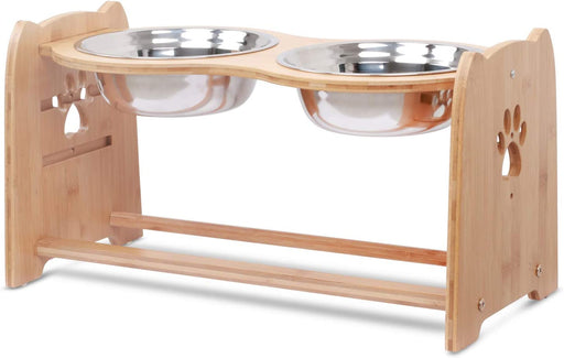 Raised Pet Bowls for Cats and Dogs, Adjustable Bamboo Elevated Dog Cat Food and Water Bowls Stand Feeder with 2 Stainless Steel Bowls and anti Slip Feet (Height 5.1" to 7.5" to 10")