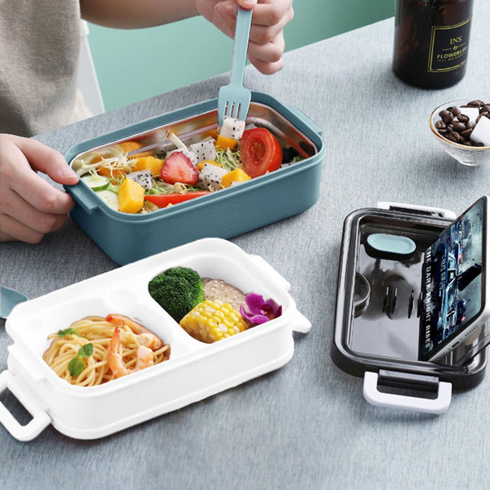 Lunch Box 2-Layer 3-Compartment Bento Box Cutlery Set Portable Leak Proof Food Container Storage Box with Fork Spoon Chopsticks for Kid Adult Work School (Blue, Pink)