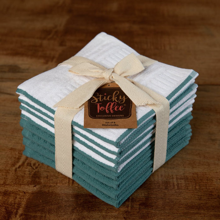 Cotton Terry Kitchen Dishcloth, 8 Pack, 12 in X 12 In, Blue Check
