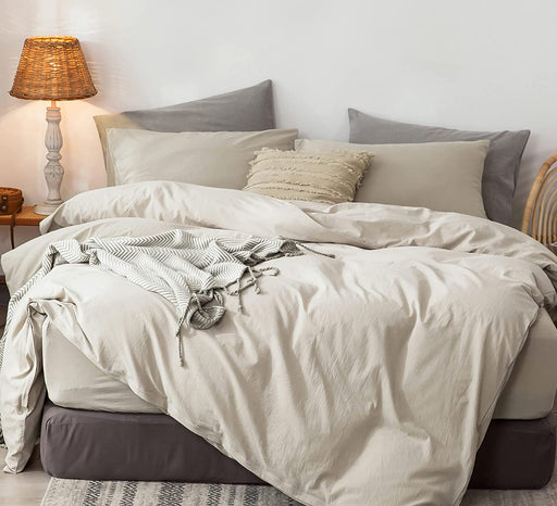 Bedding Duvet Cover Set 100% Washed Cotton Linen like Textured Breathable Durable Soft Comfy (Cream Grey, Queen)