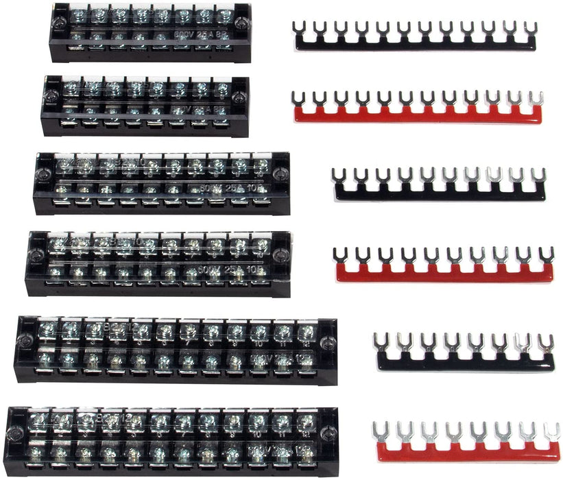Terminal Block and Strip - 12Pcs (6 Sets) 4 Positions Dual Row 600V 25A Screw Terminal Strip Blocks with Cover + 400V 25A 4 Positions Pre-Insulated Terminals Barrier Strip Black & Red