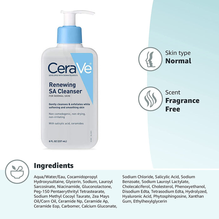 SA Cleanser | Salicylic Acid Cleanser with Hyaluronic Acid, Niacinamide & Ceramides| BHA Exfoliant for Face | Fragrance Free Non-Comedogenic | 8 Ounce