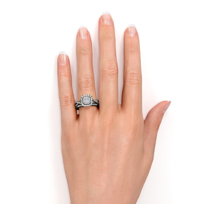 1.25 Ct - Square Moissanite - Double Halo - Twisted Band - Vintage Inspired - Pave - Gothic Wedding Ring Set in 18K Black Gold over Silver