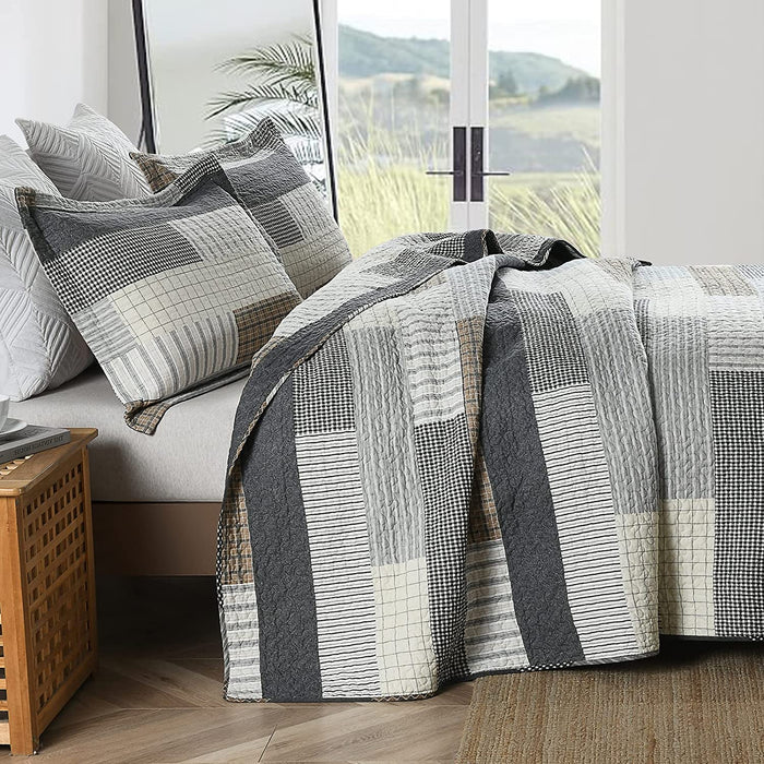 Quilt Queen Size 100% Cotton Queen Size Quilts Grey Black Brown Bedspreads Plaid Quilts Lightweight Soft Breathable Bedding Sets for All Season, 3 Piece