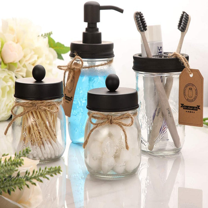Set of 4 Mason Jar Bathroom Accessories - Clear Mason Jar Soap Dispenser&2 Apothecary Jars & Toothbrush Holder - Bathroom Home Decor Clearance, Countertop Vanity Organizer