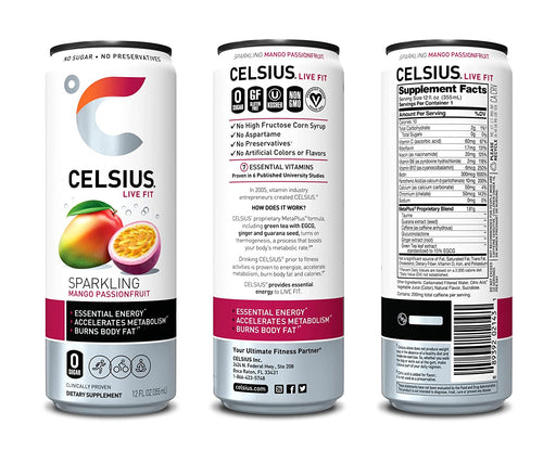 CELSIUS Sparkling Mango Passionfruit, Functional Essential Energy Drink 12 Fl Oz (Pack of 12)