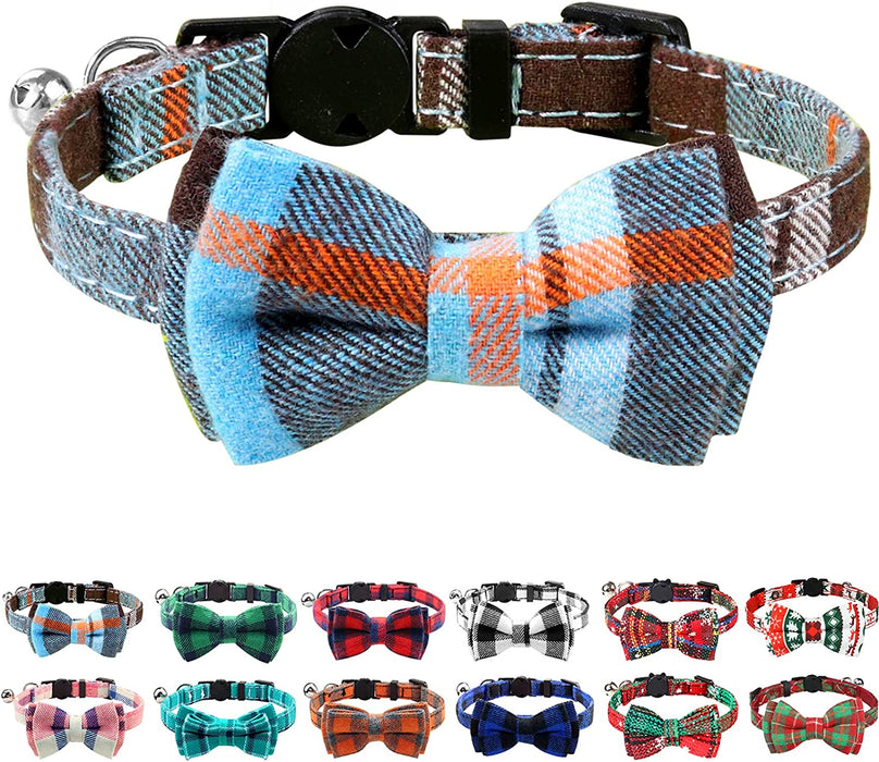 Breakaway Cat Collar with Cute Bow Tie and Bell, Plaid Patterns, 1 Pack Girl Boy Kitty Safety Collars, Blue