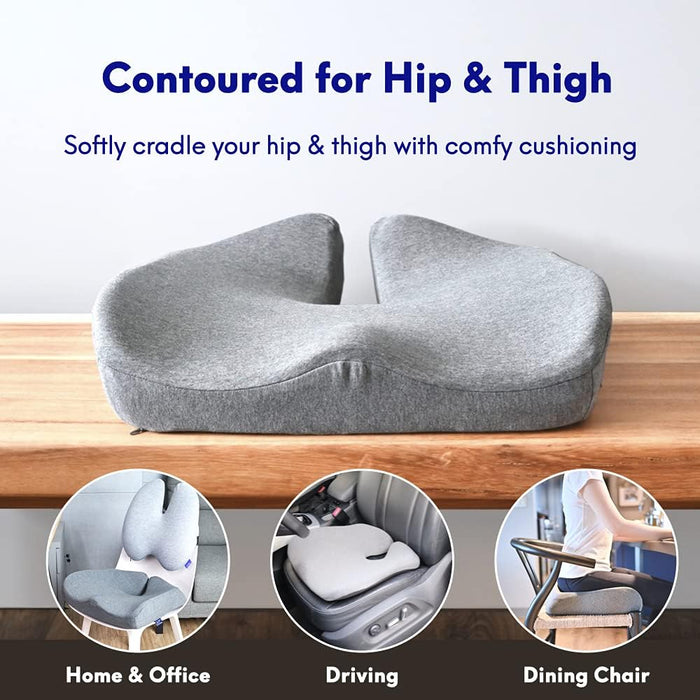 Patented Pressure Relief Seat Cushion for Long Sitting Hours on Office/Home Chair, Car, Wheelchair - Extra-Dense Memory Foam for Hip, Tailbone, Coccyx, Sciatica - Light Grey