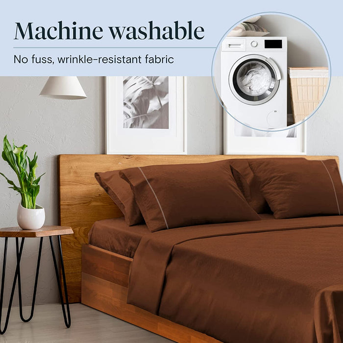 6 PC Sheet Set Sheets Deep Pockets 18" Eco Friendly Wrinkle Free Sheets Machine Washable Hotel Bedding Silky Soft - Brown Queen