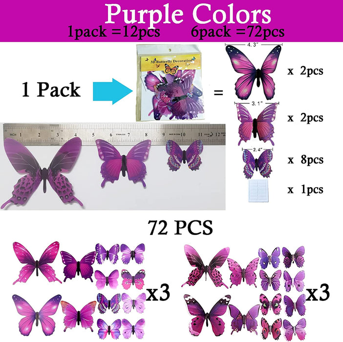 72PCS Butterfly Wall Decals 3D Butterflies Wall Art Craft Decor Removable Mural Sticker Home Kid Girl Bedroom Bathroom Baby Room Nursery Classroom Office Party Decoration (Purple)