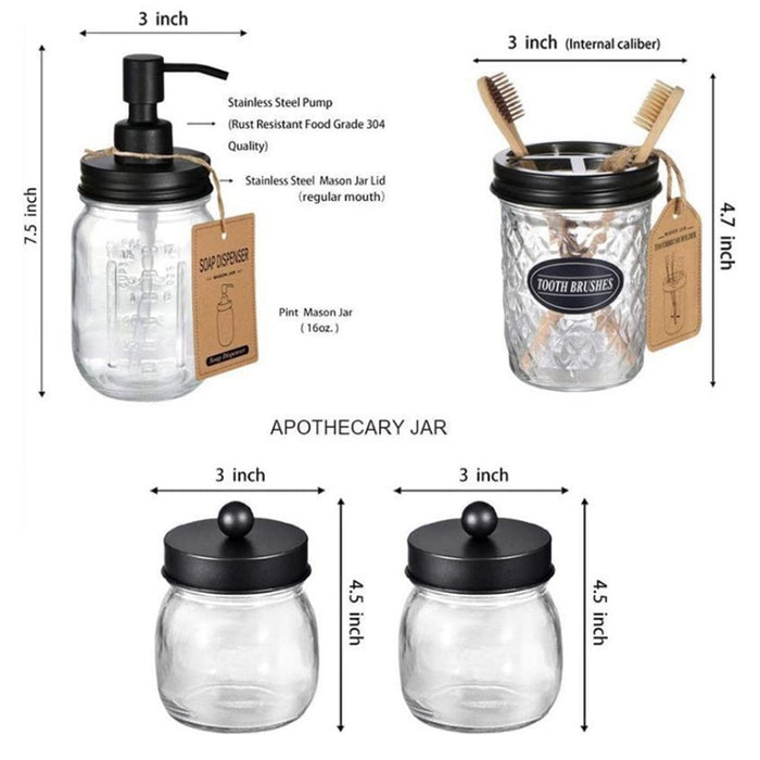 Set of 4 Mason Jar Bathroom Accessories - Clear Mason Jar Soap Dispenser&2 Apothecary Jars & Toothbrush Holder - Bathroom Home Decor Clearance, Countertop Vanity Organizer