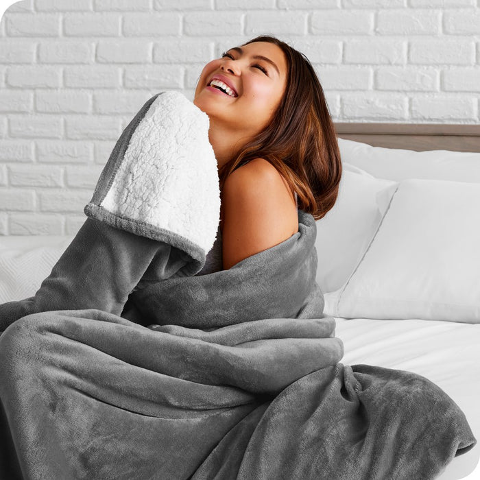 Plush Sherpa Bed Blanket, Fluffy & Soft, Reversible, Lightweight, Full/Queen, Gray