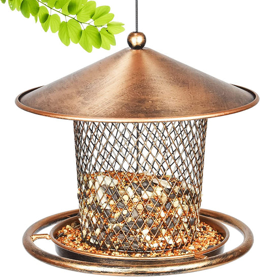 Squirrel Proof Bird Feeders, Cute Lantern Bird Feeder Roof Shaped, Heavy Duty Metal Wild Bird Feeder with Hook for Garden Yard outside Hanging Decor, 2Lbs Capacity - Bronzed