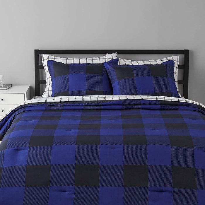 7-Piece Lightweight Microfiber Bed-In-A-Bag Comforter Bedding Set - Full/Queen, Black and Blue Buffalo Plaid