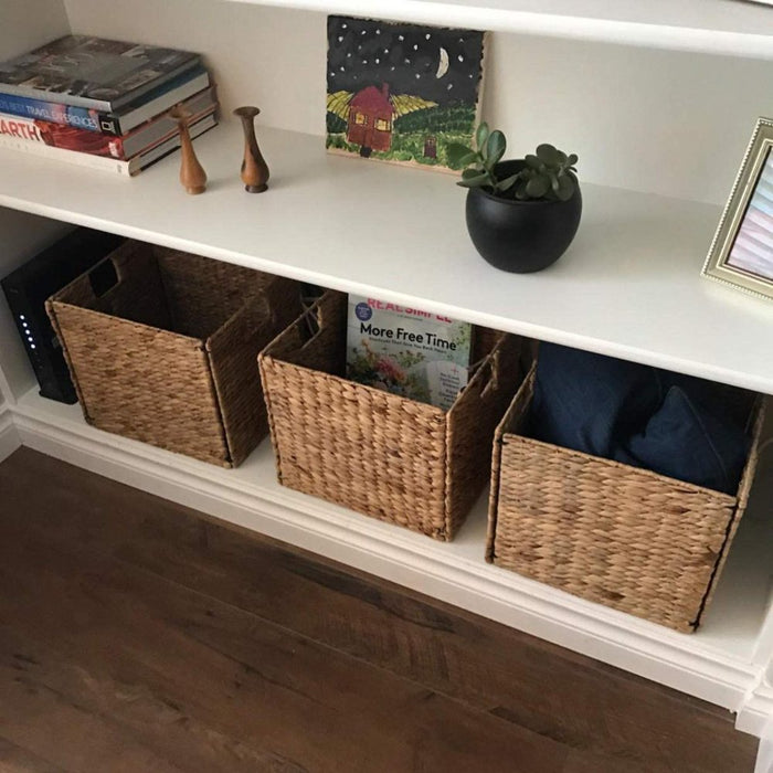 2 Decorative Hand-Woven Water Hyacinth Wicker Storage Basket, 16X11X11 Perfect for Shelving Units