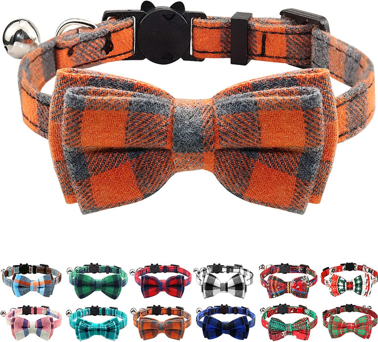 Breakaway Cat Collar with Cute Bow Tie and Bell, Plaid Patterns, 1 Pack Girl Boy Kitty Safety Collars, Blue