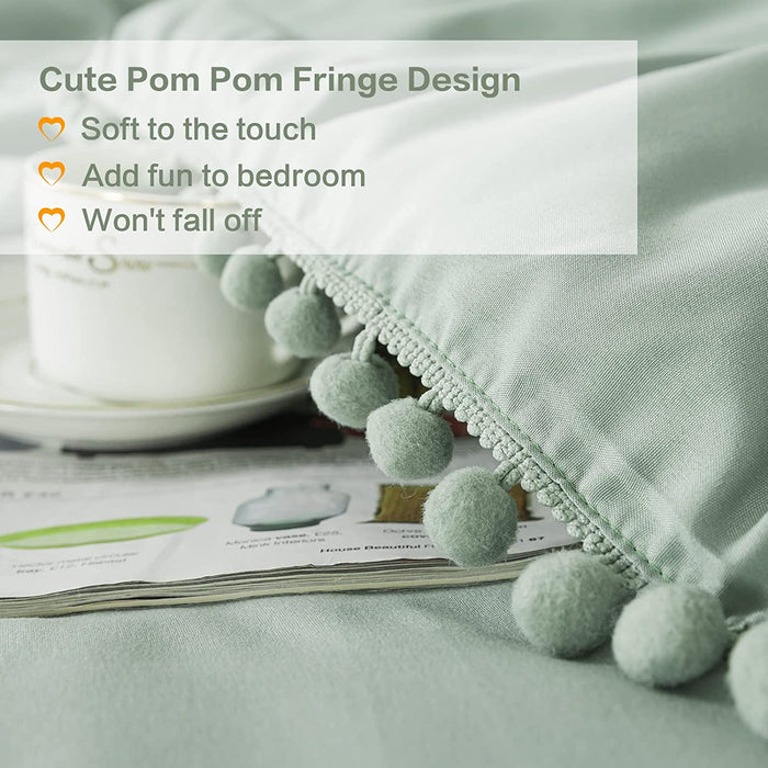 Sage Green Pom Pom Fringe Comforter Full(79X90 Inch), 3 Pieces(1 Boho Comforter and 2 Pillowcases) Aesthetic Ball Pom Comforter, Lightweight Soft Microfiber down Alternative Bedding Set