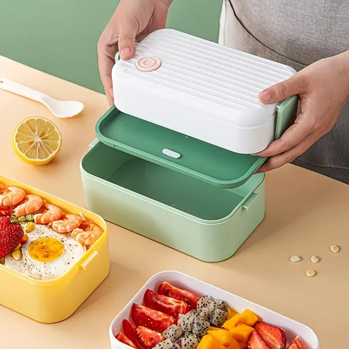 1 Pack Portable Hermetic Lunch Box 2 Layer Grid Student Bento Box with Fork Spoon Leakproof Microwavable Oven Multi Lunch Box