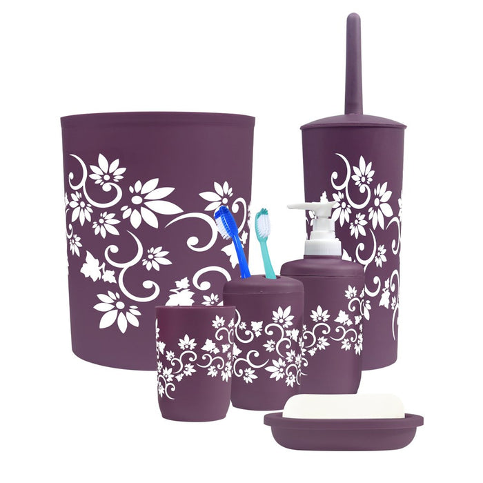 Bathroom Accessories Set Complete, Toilet Brush and Holder, Trash Can, Toothbrush Holder, Purple, 7 Pieces