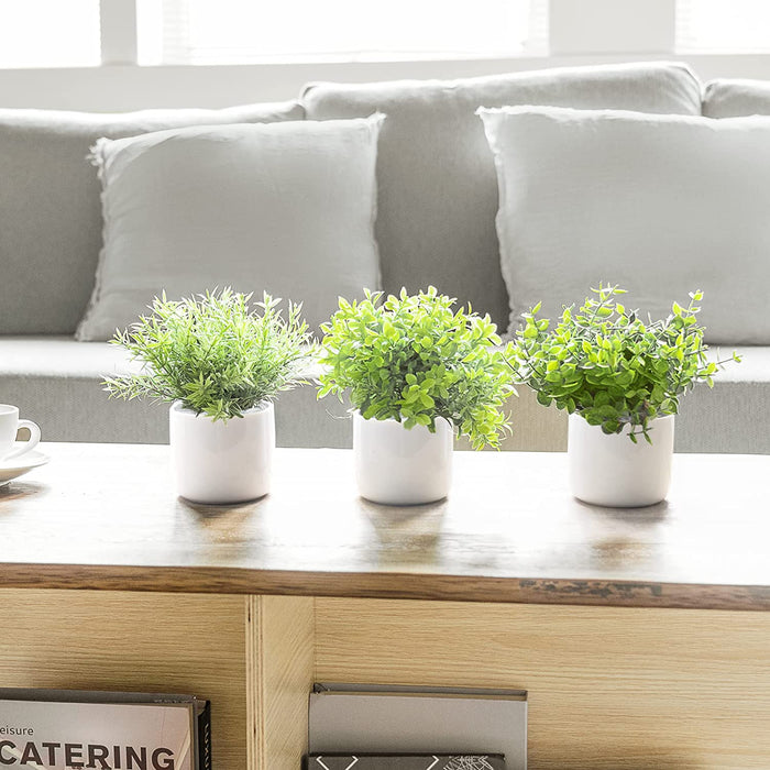 Fake Plants in Ceramic Pot, 3 Pack Potted Artificial Eucalyptus Plants for Home Decor Indoor Faux Green Rosemary for Desk Shelf Coffee Centerpiece Bathroom Office Decor