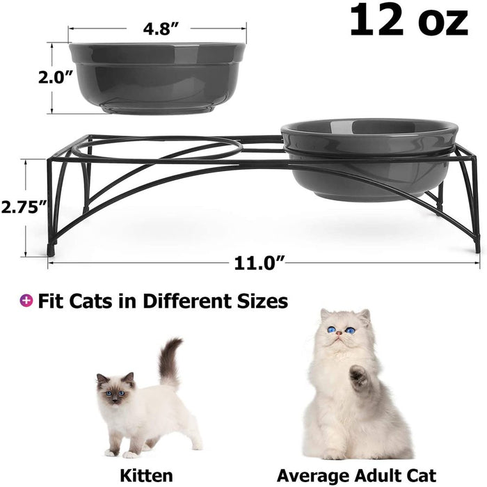 Ceramic Pet Bowls with Stand, 12 Ounces Raised Cat Dishes,Elevated Pet Bowls Non-Skid for Cats/Puppys, Gray
