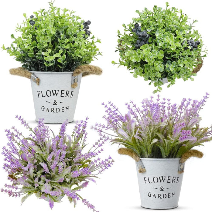 2 Pack Fake Plants in Metal Pots, Artificial Purple Lavender Plants and Blueberries, Small Artificial Greenery Farmhouse Flowers for Home Bathroom Shelf Desk Kitchen Office Party Indoor Outdoor Decor
