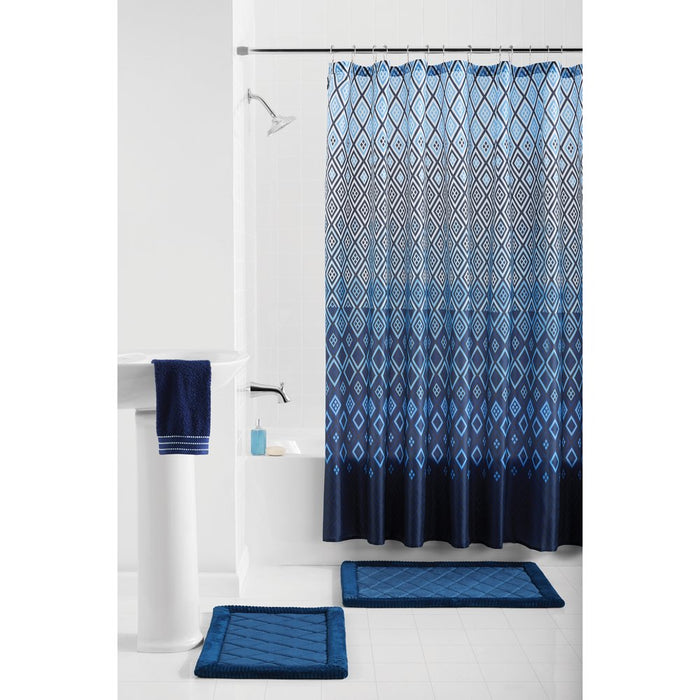 Mainstays Stockholm 15-Piece Geometric Polyester Shower Curtain Set, Navy