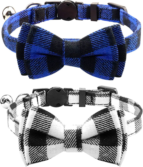 Breakaway Cat Collar with Cute Bow Tie and Bell, Plaid Patterns, 1 Pack Girl Boy Kitty Safety Collars, Blue