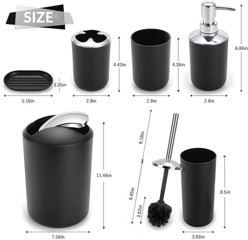 Delaman Bathroom Sets Accessories,Plastic 6 Piece Bathroom Accessory Set Bathroom Trash Can Set with Drawstring Trash Bags,Soap Dispenser,Tooth Mug,Soap Dish,Toilet Brush Holder