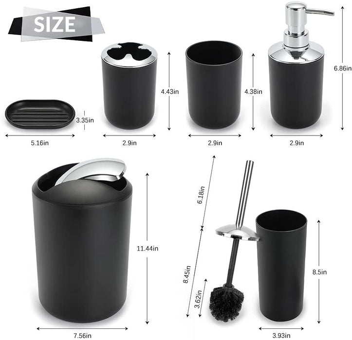 Delaman Bathroom Sets Accessories,Plastic 6 Piece Bathroom Accessory Set Bathroom Trash Can Set with Drawstring Trash Bags,Soap Dispenser,Tooth Mug,Soap Dish,Toilet Brush Holder