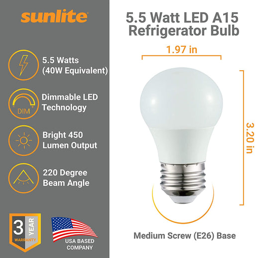 41564-SU LED A15 Refrigerator Light Bulb, 5.5 Watts (40W Equivalent), 450 Lumens, Medium Base (E26), Dimmable, Frosted Finish, UL Listed, Energy Star, 27K - Warm White, 6 Pack